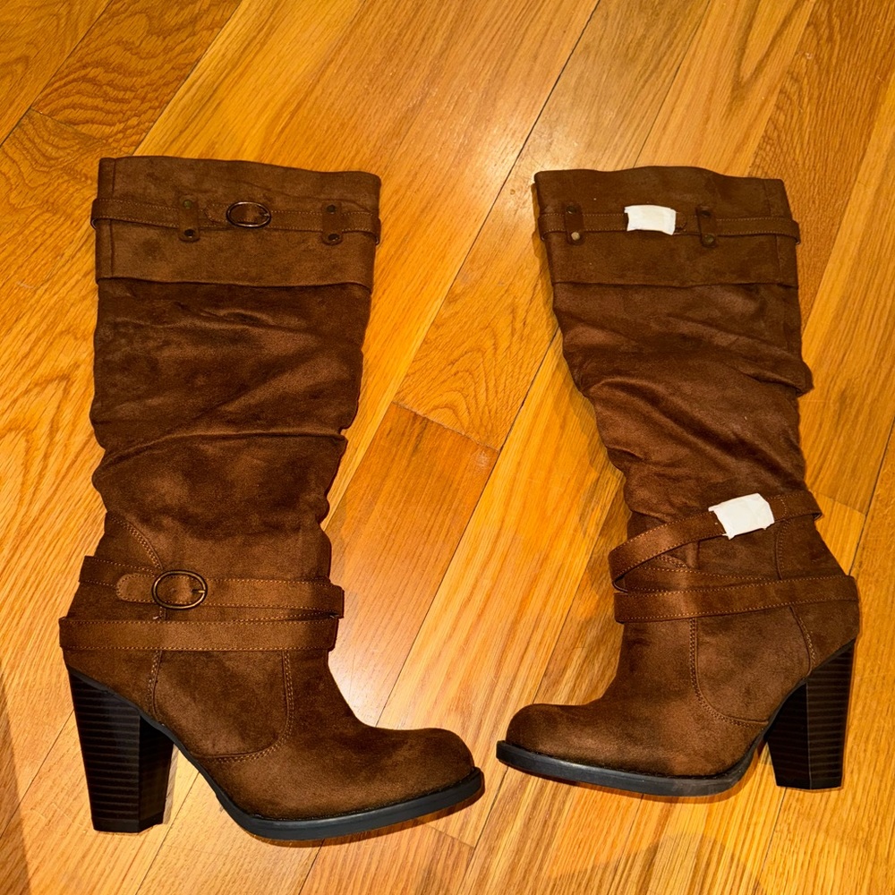 JustFab Chocolate Heeled Boots with Buckle Detail